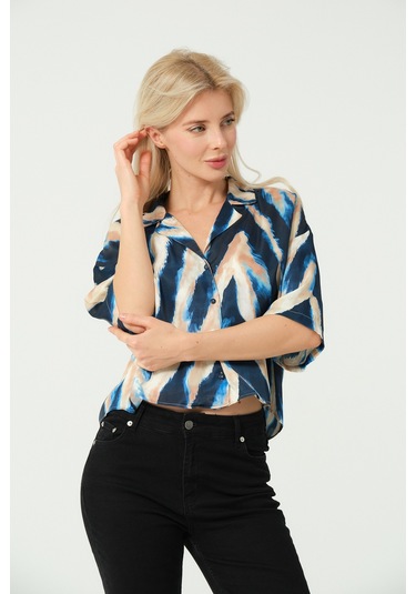 Saten V Yaka Crop Gömlek Multi Lacivert