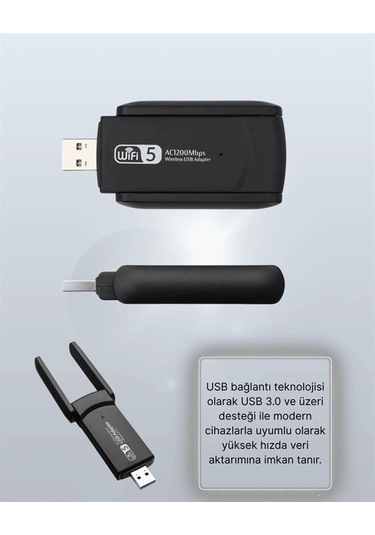 Tak-çalıştır Özellikli Çift Bant Wifi Adaptör 1200 Mbps