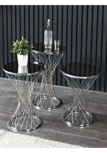 3'lü Kayzer Zigon Sehpa Seti Gümüş Ayak Siyah Cam Gümüş - Siyah