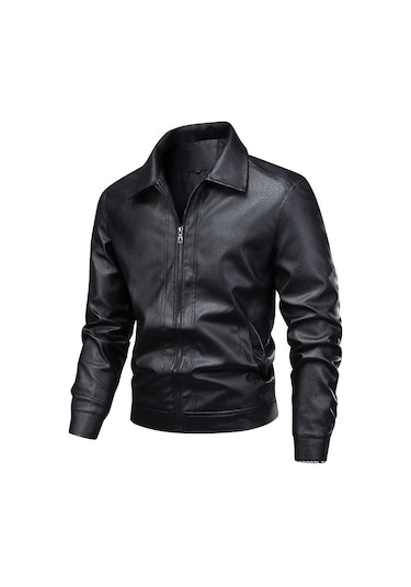 Erkek Deri Slim Fit Yaka Rüzgar Geçirmez Ve Su Geçirmez Ceket Siyah