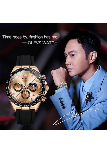 Novahub Olevs 2875 Erkekler Multifonksiyonlu Spor Kronograf Su Geçirmez Kuvars Saat Gül Altın Renkli Çok Renkli