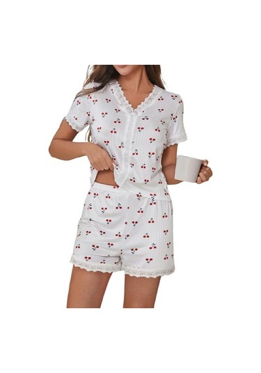 2 Adet/set Pijama Takımı Dantel Eklemeli V Yaka Kısa Kollu Üst Kiraz Baskılı Konfor Ev Giyim Kıyafeti Günlük Üst Şort Pijama Takımı Beyaz
