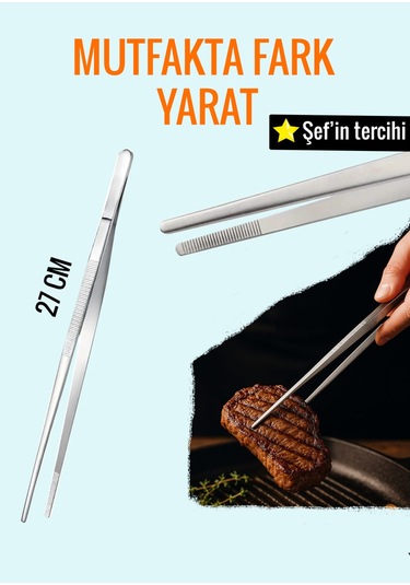 Paslanmaz Çelik Cımbız Maşa 27 Cm Masterchef Tarzı Izgara, Et, Mutfak Maşası Çelik Gümüş
