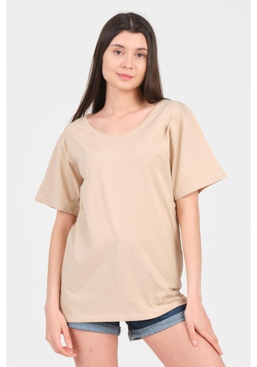 As Collection Bej V Yaka Kısa Kol Boyfriend Kadın T-shirt Bej