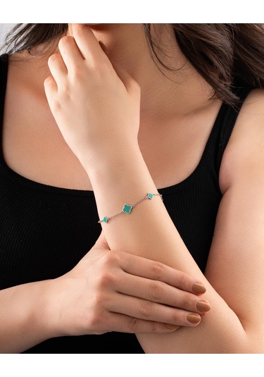 925 Ayar Rodyum Turkuaz Mineli Yonca Charm Gümüş Bileklik Gümüş - Rodyum