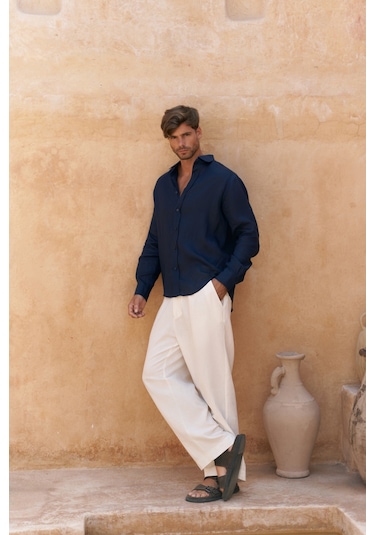 Mai Collection Mai Studios Co. Agnola Oversize Erkek Lacivert Keten Gömlek Lacivert