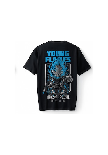 Bumeta Young Flames Urban Oversize Unisex Tişört T-shirt Siyah