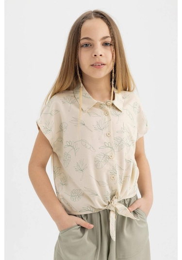 DeFacto Kız Çocuk Crop Desenli Kısa Kollu Gömlek B5065A824SMYL356