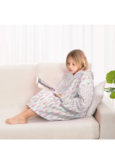 Noel Temalı 6-13 Yaş Çocuk Giyilebilir Battaniye Hoodie, Kalın Peluş, Büyük Boy-a71 Krem - Pembe