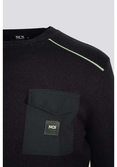 Erkek Triko Bisiklet Yaka Cep Detaylı Siyah 3753 Siyah