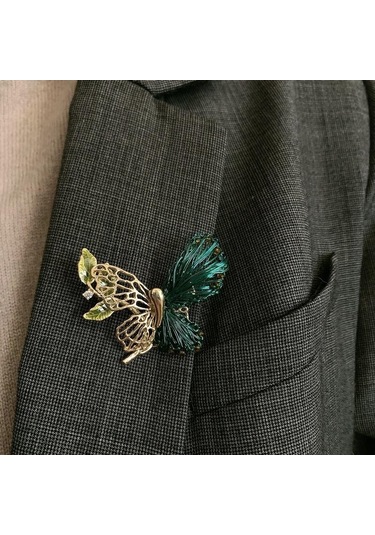 Blucome Narin Delikli Kelebek Bakır Broş El Dokuma Moda Hırka Kadın Erkek Ceket Başörtüsü Pimleri Yeşil