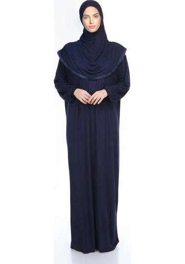 Kadın Tesettür Pamuklu Başörtülü Namaz Elbisesi Dantelli Tek Parça Penye Kumaş Lacivert Lacivert
