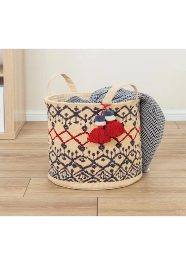 Lüx Otantik Kilim Desenli Çamaşır Sepeti Bej