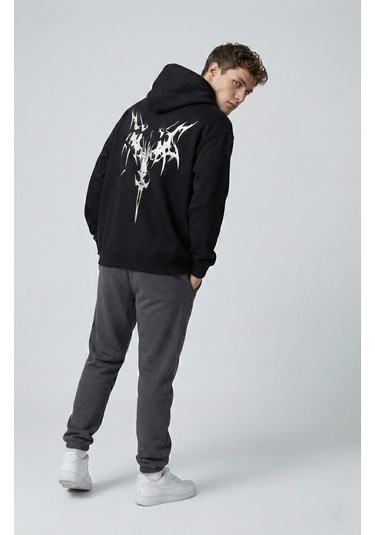 Nevermind Unisex Oversize Hoodie Grafik Sembol Baskılı Siyah