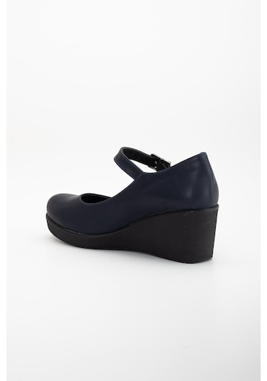 Baretli Suni Deri Lacivert Kadın Dolgu Taban Ayakkabı-3103-lacivert Lacivert