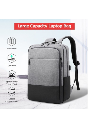 Shineyee 15.6" Usb Bağlantılı Şarj Portlu Büyük Kapasiteli Oxford Kumaş Laptop Sırt Çantası - Seyahat Ve İş Kullanımı Koyu Gri
