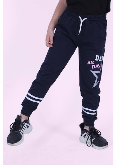 Yıldız Detaylı Yazı Baskılı Kız Çocuk Eşofman Altı Lacivert