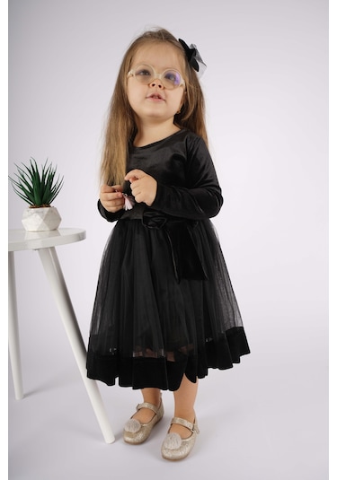Kız Çocuk Yılbaşı Temalı Fiyonklu Eteği Tül Uzun Kol Elbise Siyah