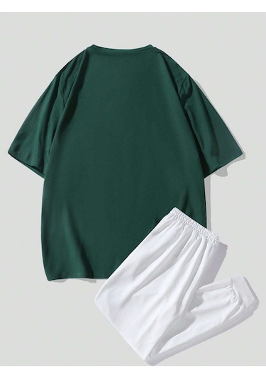 Beach T-shirt Eşofman Altı Jogger - Nefti Yeşil Beyaz Baskılı Eşofman Takımı Oversize Bisiklet Yaka Nefti Yeşil Beyaz