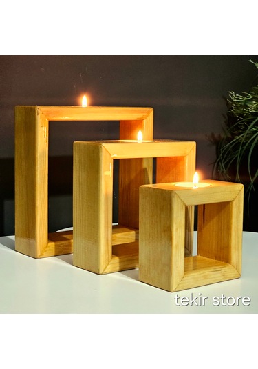 İç İçe Geçmeli 3'lü Duvara Asılabilir Mumluk Meşe Rengi