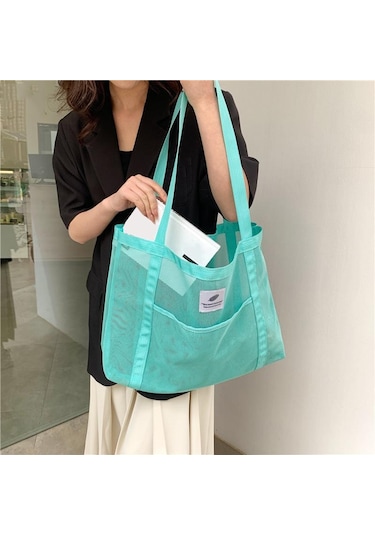 Mint Yeşili Yogodlns Kadın Örgü Büyük Kapasiteli Hollow Out Plaj Omuzdan Askili Çanta Moda Naylon Düz Renk Alışveriş Çantası Mint Yeşili