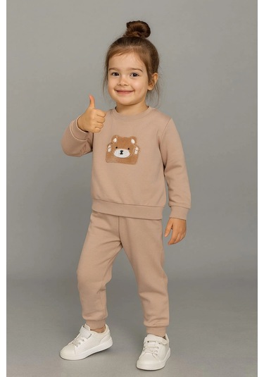 Sevimli Ayıcık Nakışlı %100 Pamuk 2 Li Çocuk Eşofman Takımı Kahverengi