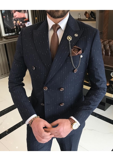 İtalyan stil slim fit çizgili kruvaze ceket pantolon takım elbise lacivert T9501-Lacivert