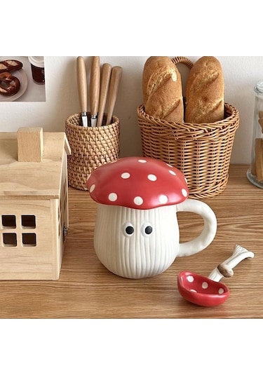 Kaşıkla 420ml Seramik Kahve Çay Fincanı Olan Mantar Kupası - Noel, Doğum Günü, Karısı, Kız Arkadaşı İçin Hediye. Kobalt Kobalt