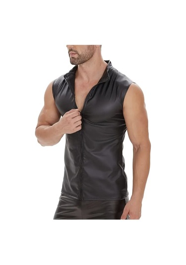 Deri Dik Yaka Sıfır Kollu Yelek Siyah