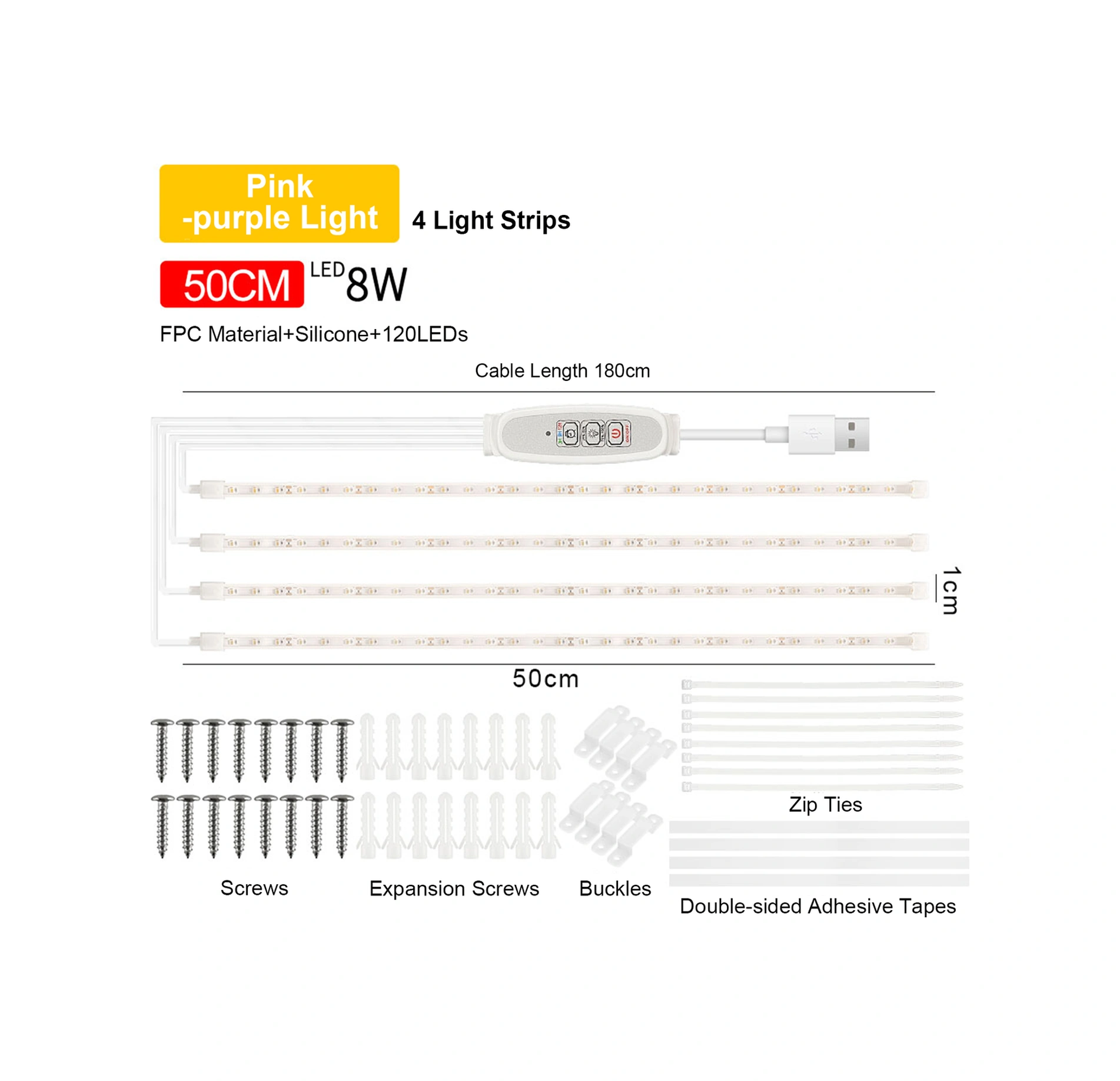 Youmex Bitkisel Büyüme Işığı 4 Şerit - Pembe-mor Spektrum, 4 Seviye Parlaklık, 3/9/12 Saat Zamanlayıcı, Usb Plug & Play, 50cm Uzunluk