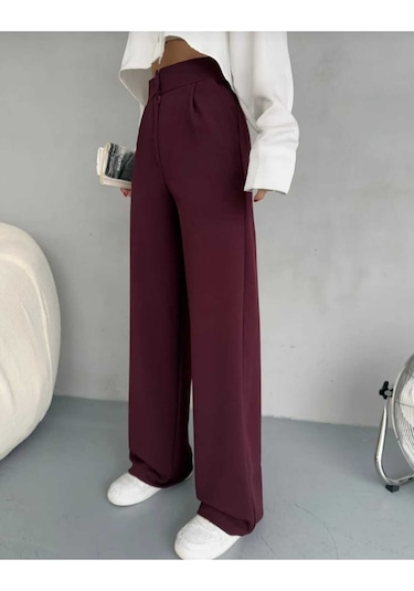 Nevege Butik Kadın Örme Kumaş Full Likralı Düğmeli Palazzo-bordoo02 Bordo0102 Bordo
