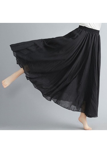Yaz Sonbahar Kadın Etek Edebi Büyük Boy Pamuk Keten Yarım Etek Elastik Bel Keten A-line Etek Uzun Bölüm Saf Renk Rüzgar Salıncak Etek Siyah