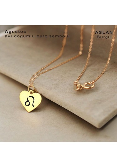 Ağustos Ayı Doğumlarına Özel Kalp Motifli Zincirli 14 Ayar Altın Plakalı Hediyelik Kolye-352ay Ağustos