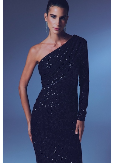 Tek Kollu Payet Elbise - Siyah-135363 Siyah