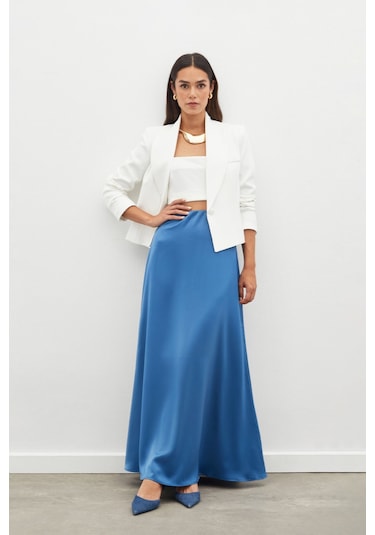 Sateen Uzun Saten Etek - İndigo
