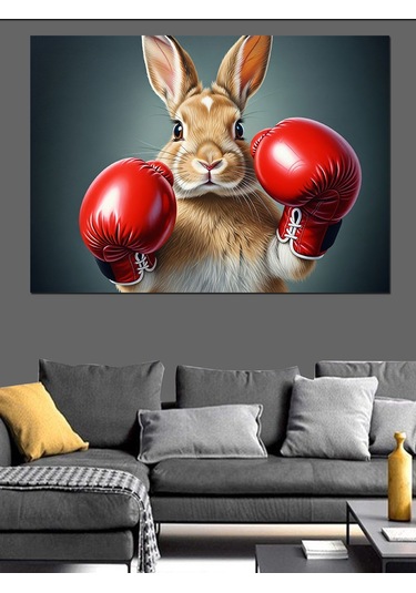 Kırmızı Boks Eldivenli Tavşan İllüstrasyonu Dekoratif Kanvas - Mdf Ahşap Tablo
