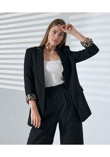 Kadın Normal Kalıp İçi Leopar Desem Hürrem Blazer Ceket Siyah
