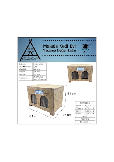 Melada Kedi Evi Dış Ortam Uygun Ahşap Kedi Evi Double Osb 61x41x36 Cm