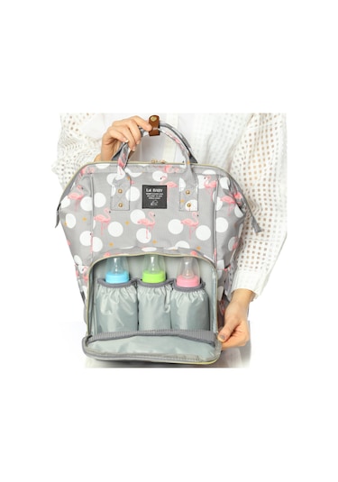 Lal Baby Flamingo Desenli Anne Bebek Bakım Sırt Çantası Gri