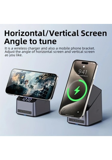 Topshop1 Gri 4ü 1 Arada Otomatik Donen Kablosuz Sarj Istasyonu Led Ekranli Masaustu Alarm Saati İphone 16 15 14 13 12 Serisi İwatch Uyumlu