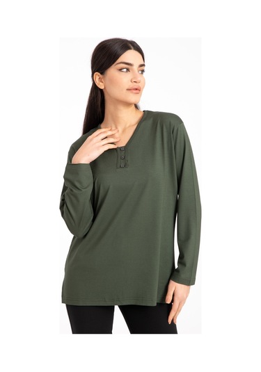 Kadın Orta Yaş ve Üzeri Dört Mevsim V Yaka Rahat Kalıp Likralı Viskoz Anne Penye Bluz 140-Haki