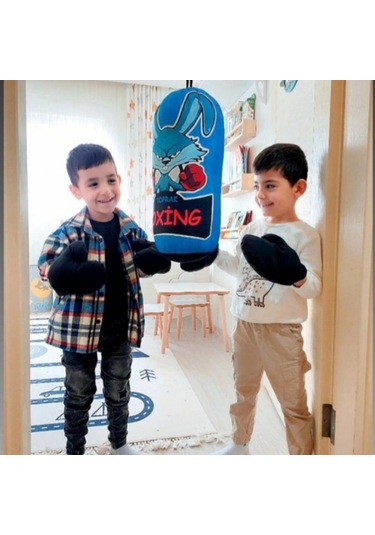 Çocuk Boks Torbası Eldiven Hediyeli Çocuklar İçin Eğlenceli Evde Boks Mavi