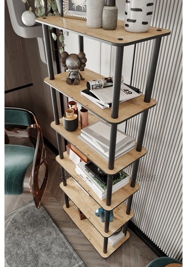 Dekoratif Masivo Kitaplık 6 Katlı 30x60 Dikdörtgen Çok Amaçlı Raf Safir Meşe Meşe