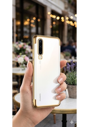 Huawei P30 Kılıf Dört Köşeli Lazer Silikon Kılıf Gold