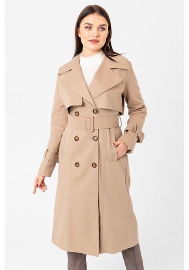 Pastelastore %100 Pamuk Gabardin Uzun 110cm Astarlı Kemerli Kadın Trençkot 1111 Yeni Bej