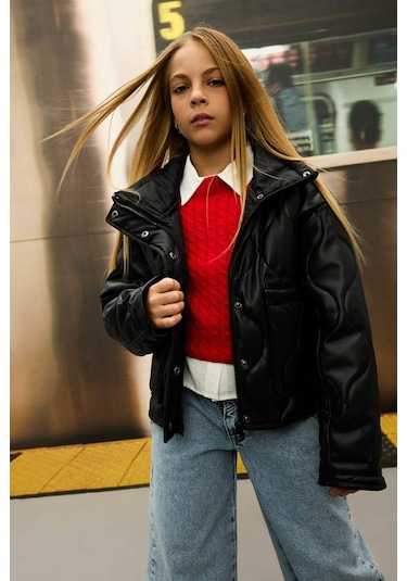 DeFacto Kız Çocuk Su İtici Fermuarlı Çıtçıt Kapamalı Cepli Mont C5486A824AUBK27 Siyah