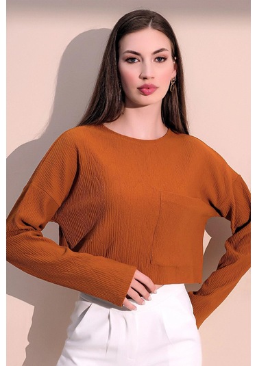 Kadın Hardal Uzun Kol Kendinden Dokulu Cepli Crop Sweatshirt, Salaş Kesim Bluz HARDAL