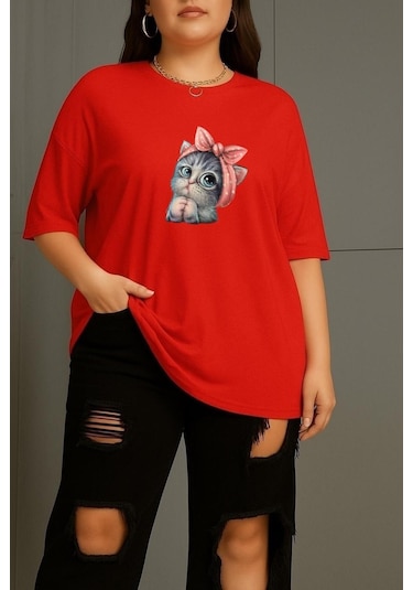 Büyük Beden Minnoş Kedi Baskılı Unisex Tişört Kırmızı