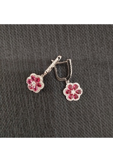 925 Ayar Çiçek Tasarımlı Kadın Gümüş Küpe -sade Ve Şık- Kırmızı Model Gümüş