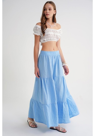4567 Kadın Fırfırlı Uzun Müslin Etek Bebe Mavi Bebe Mavisi